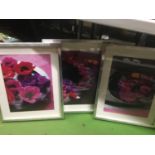 THREE MODERN FLORAL PRINTS IN SILVER FRAME