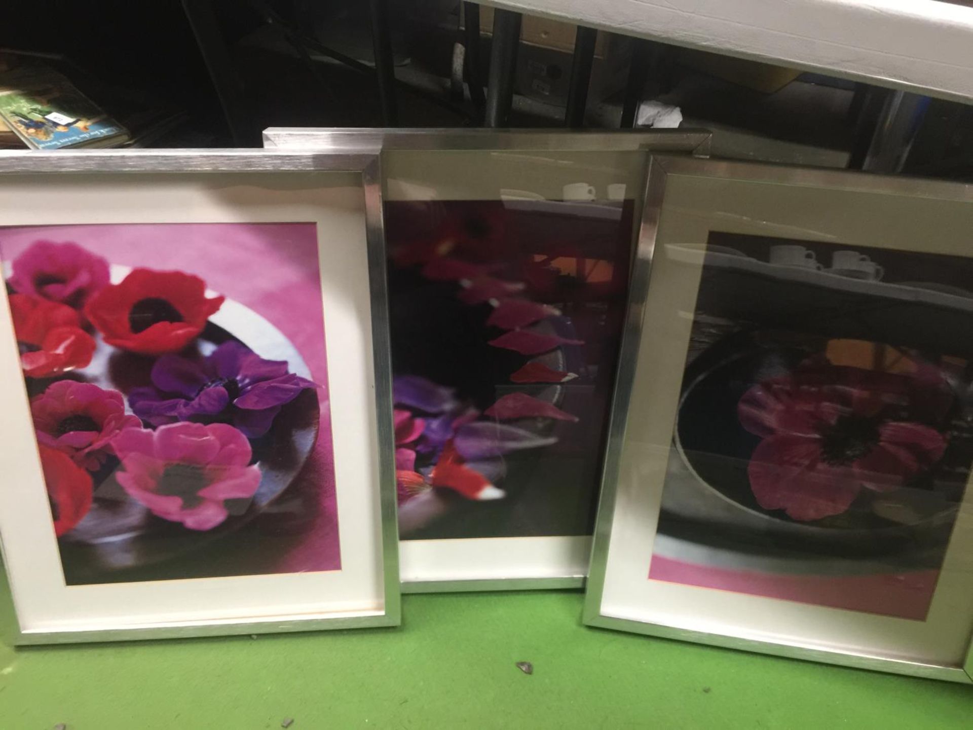 THREE MODERN FLORAL PRINTS IN SILVER FRAME