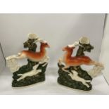 A PAIR OF STAFFORDSHIRE FLATBACK DEER SPILL HOLDERS