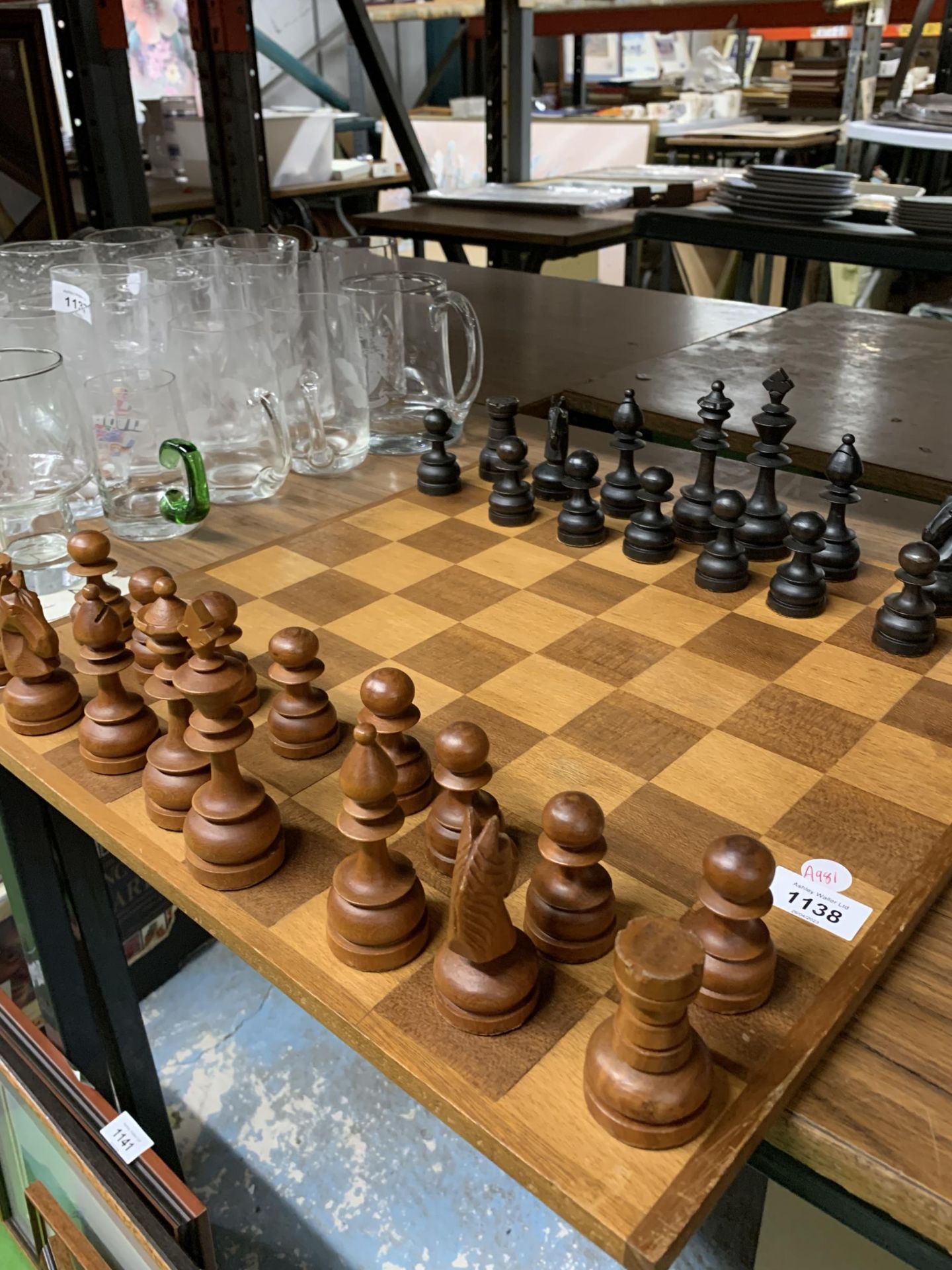 A LARGE WOODEN CHESSBOARD WITH A FULL SET OF WOODEN CHESS PIECES - Image 4 of 4