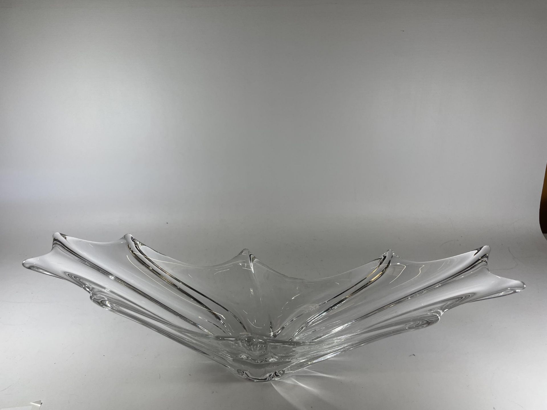 A SIGNED DAUM, FRANCE, HEAVY HANDMADE LARGE VINTAGE CRYSTAL CENTREPIECE BOWL LENGTH 62CM, WIDTH 21CM