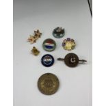 SEVEN VARIOUS BADGES AND A DRILLED 1911 CORONATION MEDAL