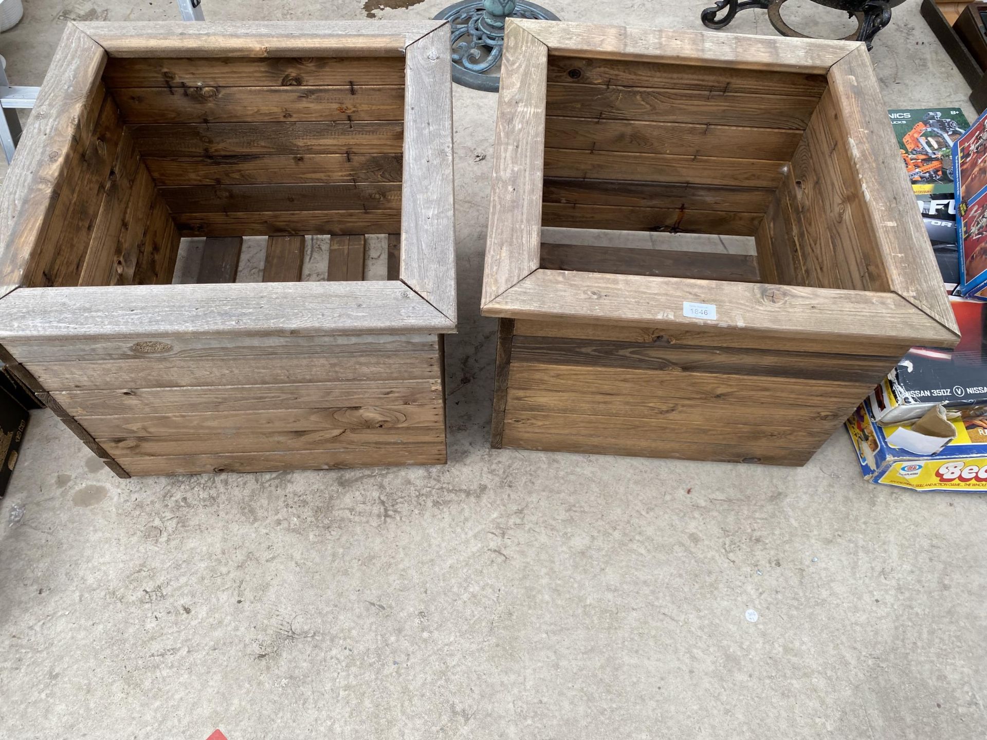 TWO LARGE WOODEN PLANTERS HEIGHT 46CM, WIDTH 57CM, DEPTH 57CM