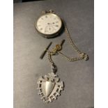 A MARKED .935 SILVER POCKET WATCH WITH T BAR CHAIN AND TWO FOBS TO INCLUDE A KEY AND A HALLMARKED