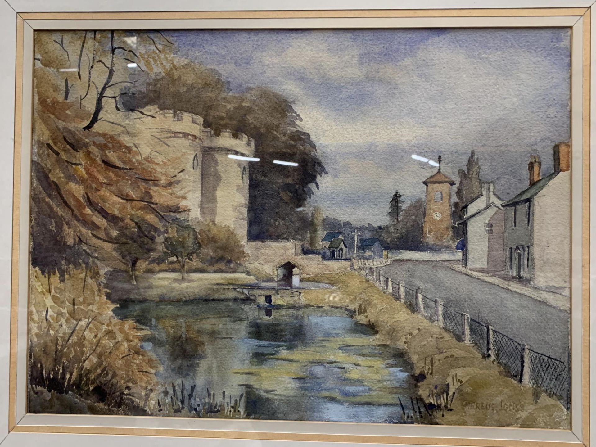 A FRAMED ORIGINAL WATERCOLOUR OF A CASTLE SCENE, INDISTINCTLY SIGNED - Image 2 of 3