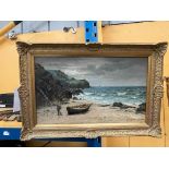 AN ALBERT HODDER, BRITISH, (1845-1911), LARGE GILT FRAMED OIL PAINTING OF A COASTAL SCENE, SIGNED TO