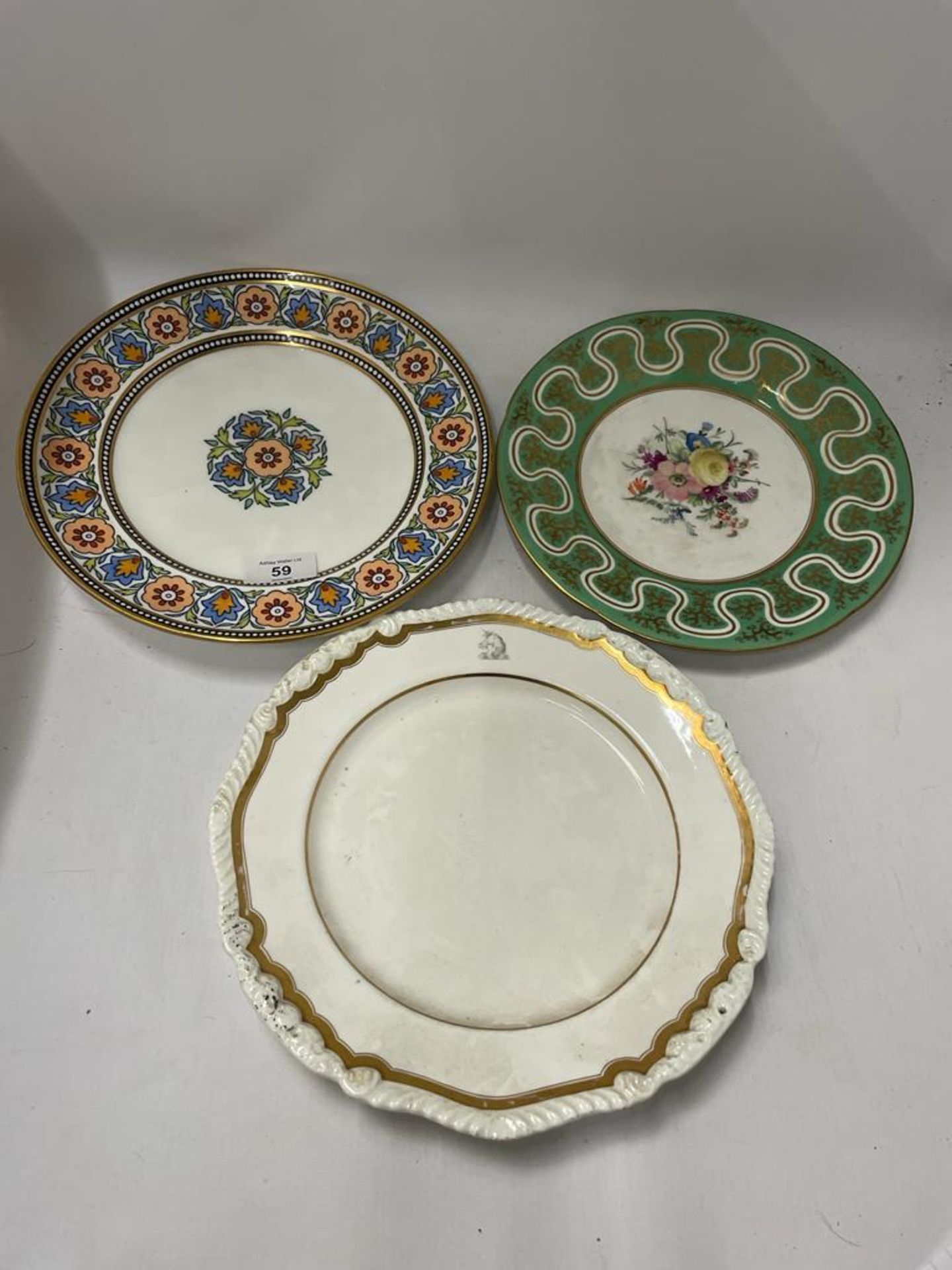 THREE CERAMIC CABINET PLATES - VICTORIAN C.1860 RIDGEWAY, COALPORT C.1875 AND ROCKINGHAM C.1830