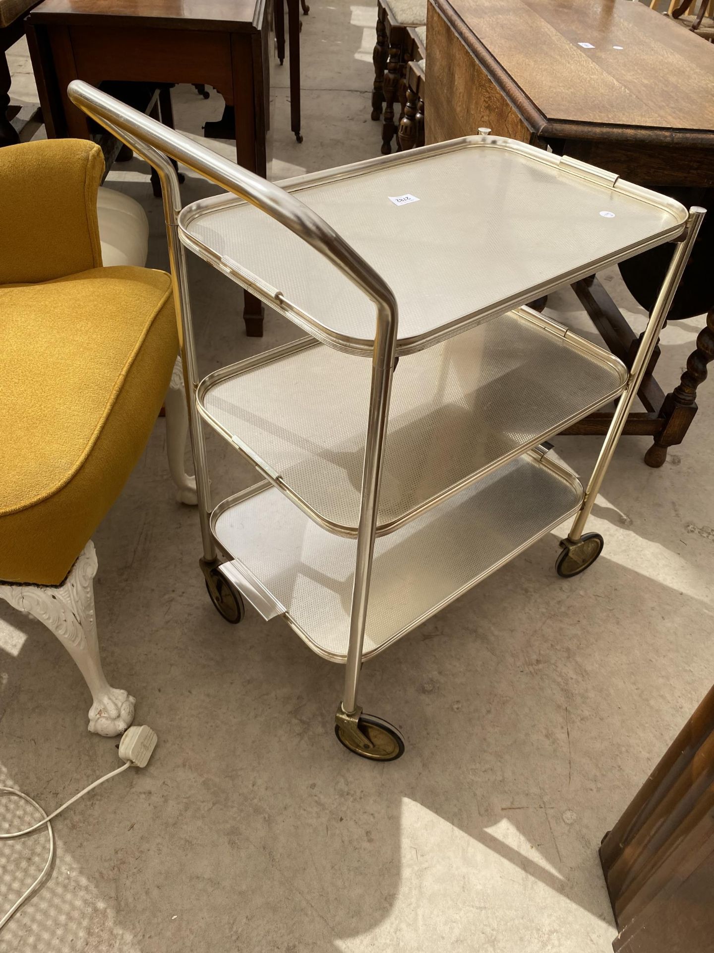 A 1970'S THREE TIER METALWARE TROLLEY WITH THREE DETACHABLE TRAYS - Image 2 of 2