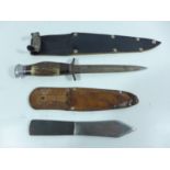 A HUNTING KNIFE AND SCABBARD, 15CM BLADE, LENGTH 26.5CM, THROWING KNIFE AND SCABBARD, 11CM BLADE,