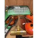 A VINTAGE BRASS BANKERS LAMP WITH GREEN GLASS SHADE