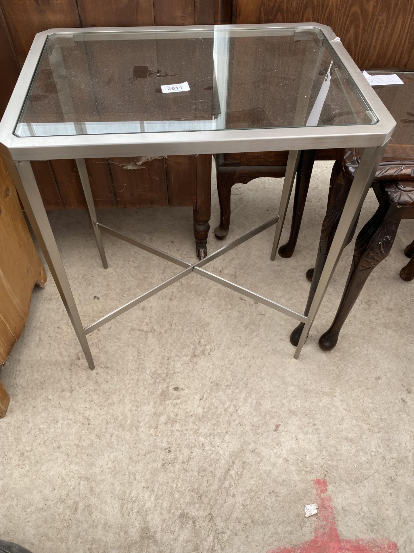 A MODERN POLISHED ALLOY LAMP TABLE WITH CANTED CORNERS, 19.5 X 13.5"