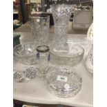 A QUANTITY OF CRYSTAL GLASSWARE TO INCLUDE VASES, BOWLS, LIDDED DISH, ETC.,