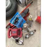 AN ASSORTMENT OF ITEMS TO INCLUDE A TROLLEY JACK, AXEL STANDS AND A CAR BUFFER ETC