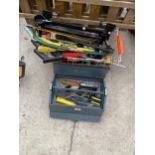 AN ASSORTMENT OF TOOLS TO INCLUDE SCREW DRIVERS, SPIRIT LEVEL AND SAWS ETC