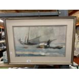 A WATERCOLOUR PRINT BY THE AMERICAN ARTIST WINSLOW HOMER - "STOWING SAIL" ON IVORY WOVEN PAPER