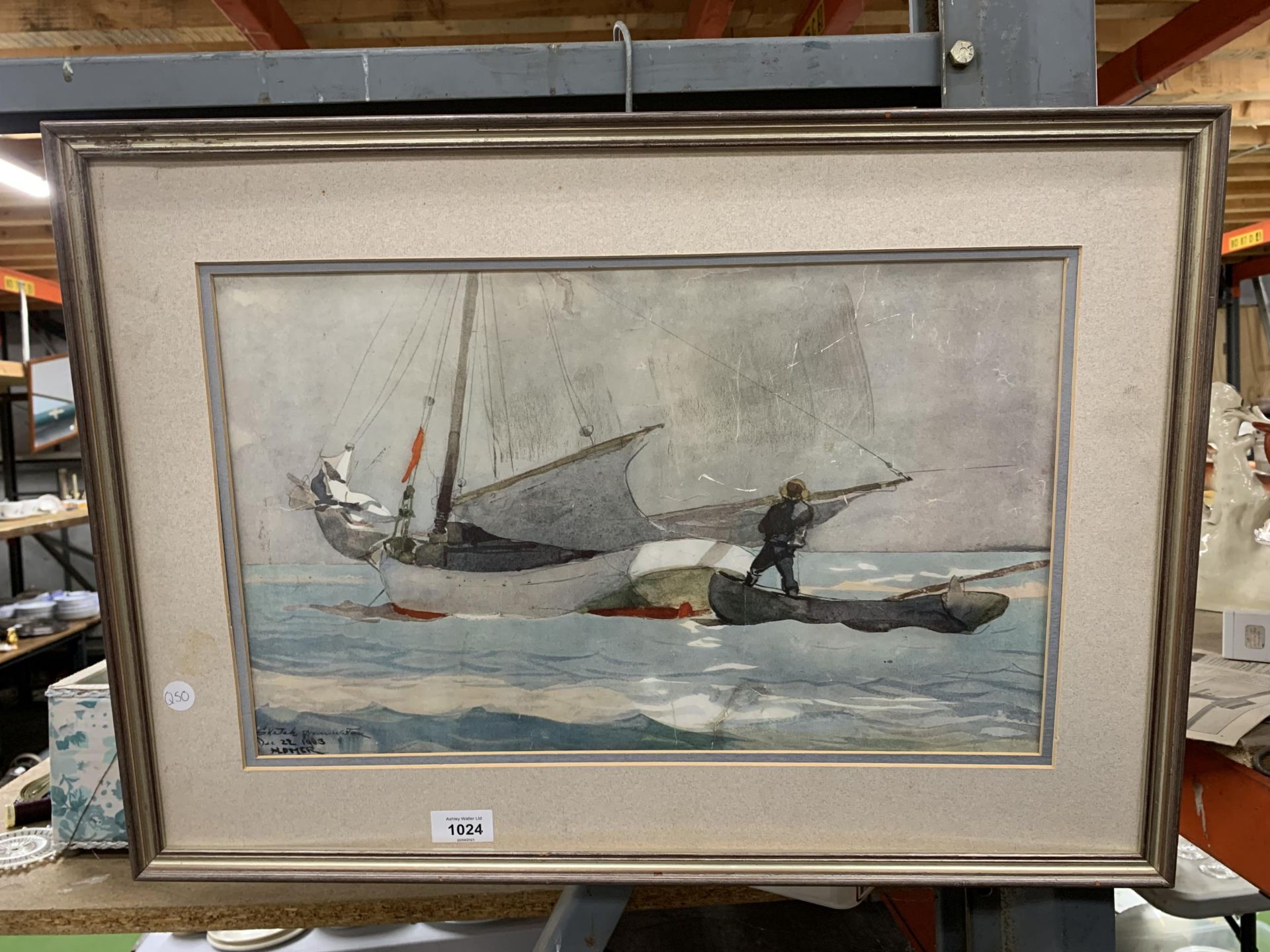 A WATERCOLOUR PRINT BY THE AMERICAN ARTIST WINSLOW HOMER - "STOWING SAIL" ON IVORY WOVEN PAPER