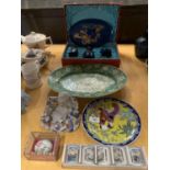 A QUANTITY OF ORIENTAL ITEMS TO INCLUDE A BOXED DRESSING TABLE SET, BUDDAH, PLATES, DECORATIVE EGG