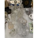 A MIXED LOT OF VINTAGE CUT GLASS DECANTERS ETC