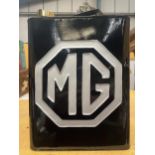 A BLACK MG PETROL CAN WITH BRASS TOP