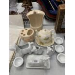 A MIXED LOT TO INCLUDE COW DESIGN JUGS, BUTTER DISH, AYNSLEY TEAPOT ETC