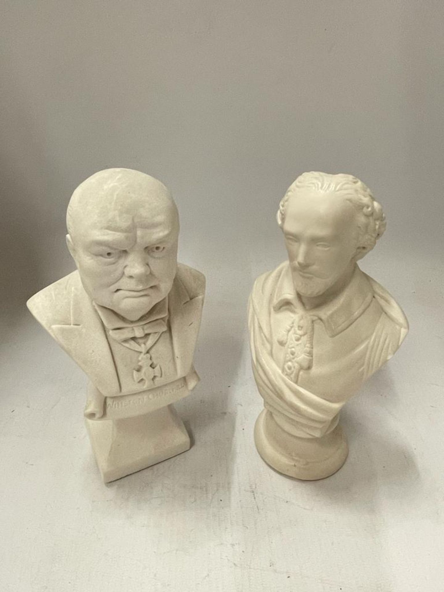 TWO VINTAGE BUSTS OF WINSTON CHURCHILL AND WILLIAM SHAKESPEARE IN MARBLE