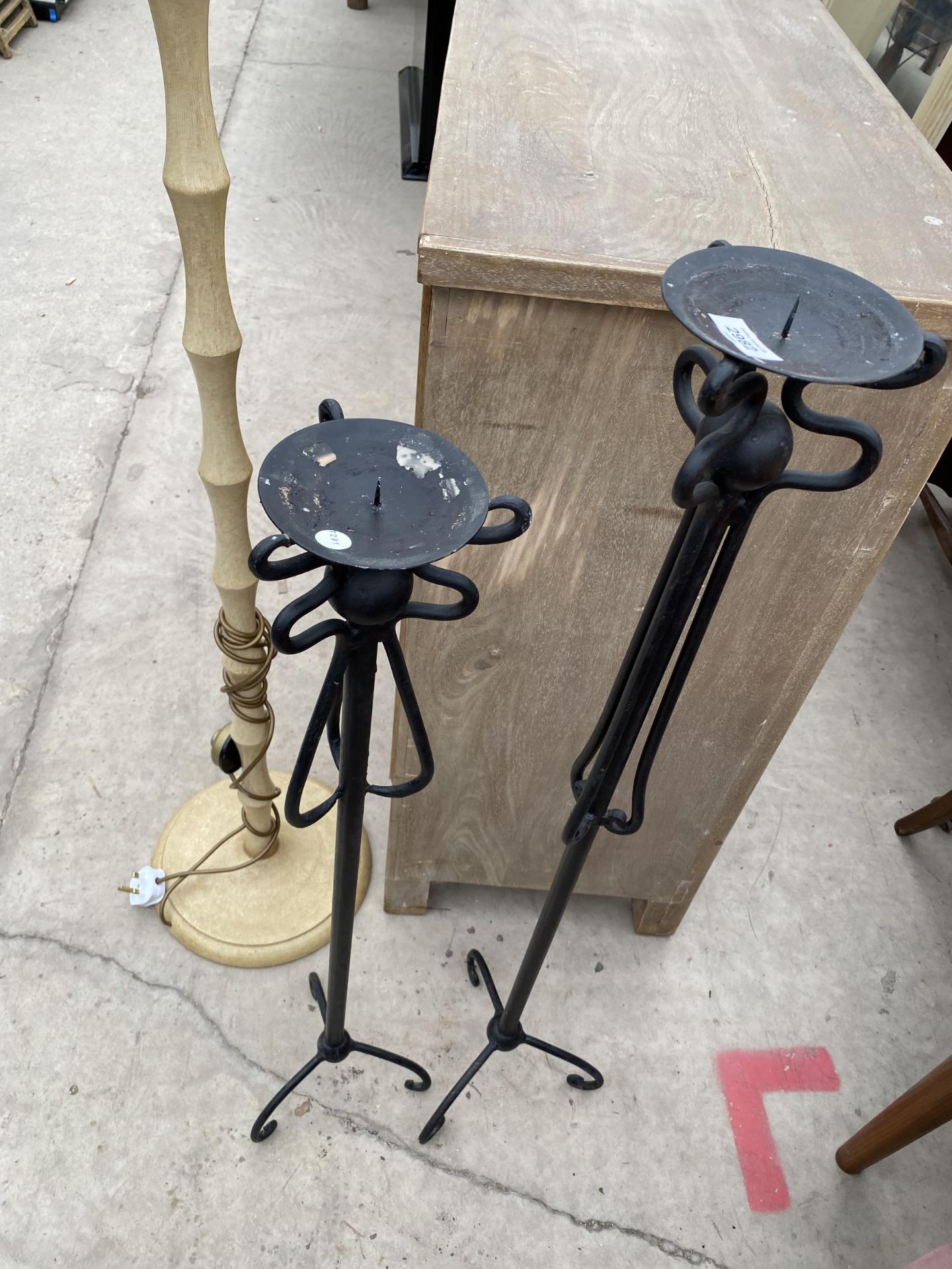 TWO WROUGHT IRON CANDLESTANDS AND TURNED COLUMN STANDARD LAMP - Image 2 of 3