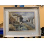 A FRAMED ORIGINAL WATERCOLOUR OF A CASTLE SCENE, INDISTINCTLY SIGNED