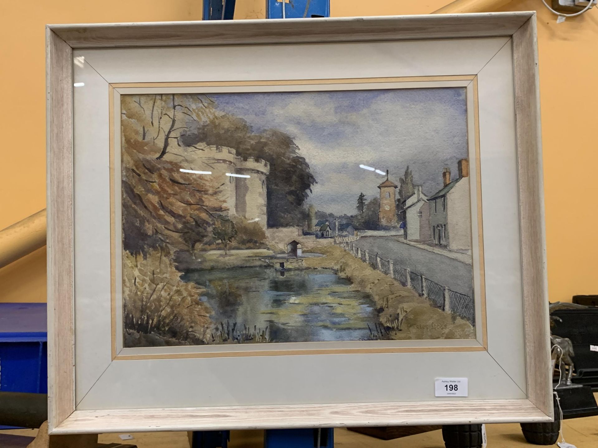 A FRAMED ORIGINAL WATERCOLOUR OF A CASTLE SCENE, INDISTINCTLY SIGNED