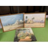 TWO PRINTS OF EGYPTIAN SCENES PLUS A CONTINENTAL MOUNTAINOUS SCENE