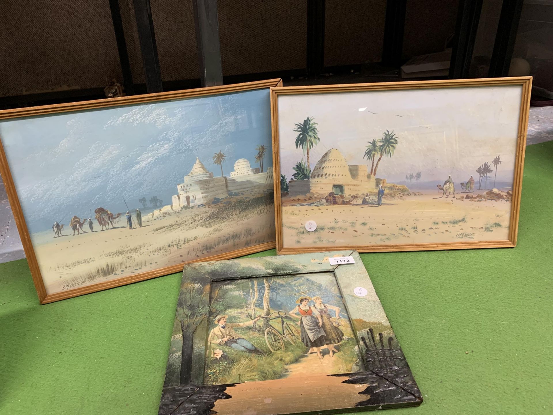 TWO PRINTS OF EGYPTIAN SCENES PLUS A CONTINENTAL MOUNTAINOUS SCENE