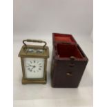 A FRENCH BRASS CASED CARRIAGE CLOCK IN ORIGINAL OUTER CASE WITH KEY