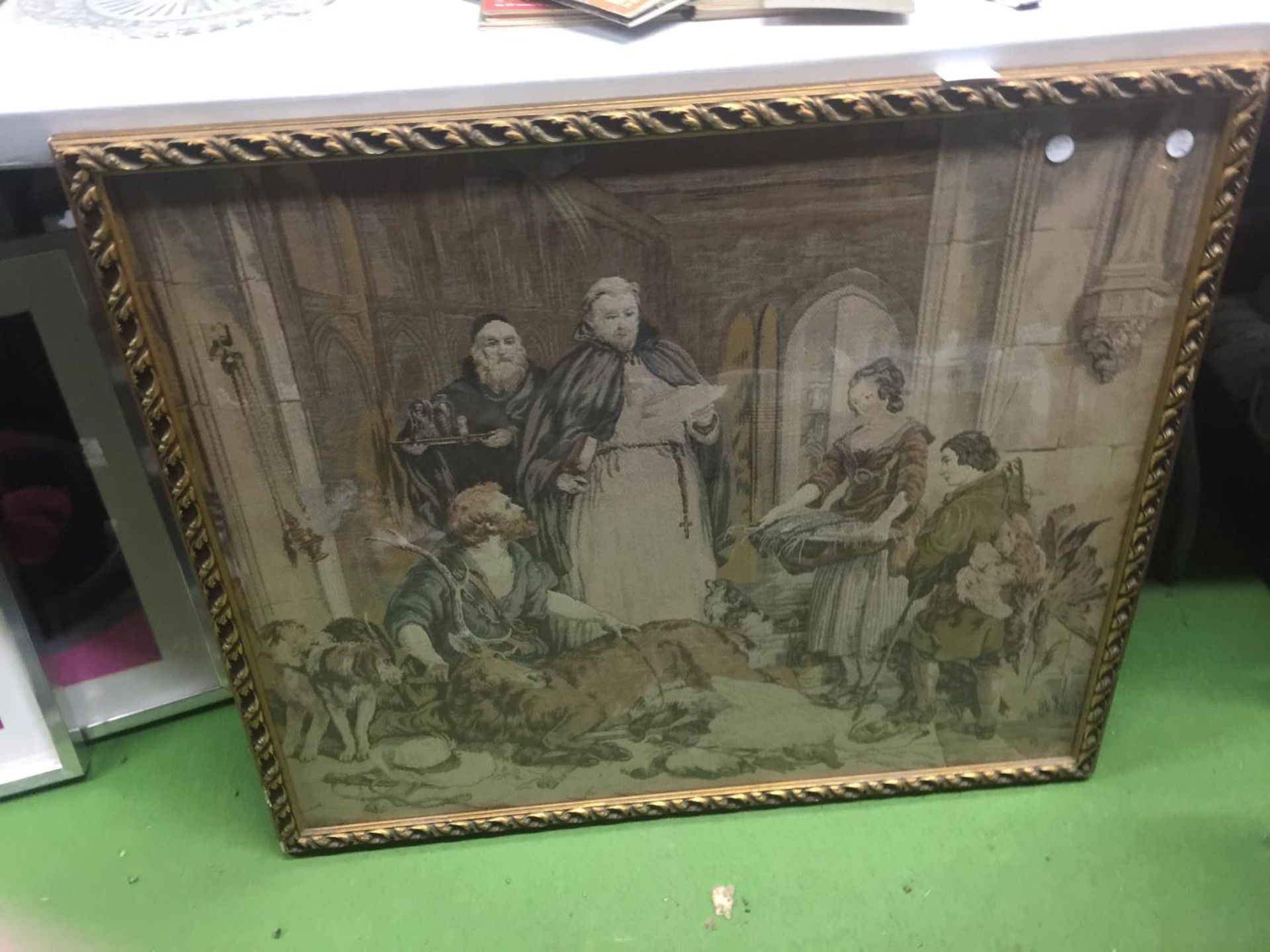 A FRAMED FINE NEEDLE TAPESTRY OF A VICTORIAN SCENE - 83 X 70 CM - Image 2 of 2
