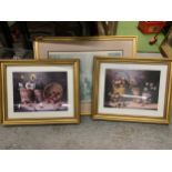 THREE GILT FRAMED PRINTS, TWO STILL LIFE FLOWERS AND FRUITS, THE OTHER A VICTORIAN STREET SCENE