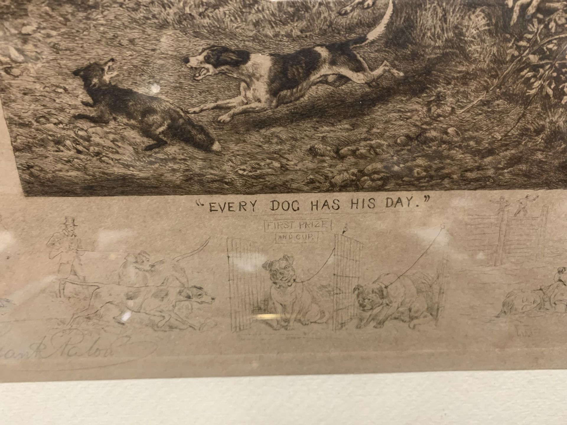 TWO VINTAGE MAHOGANY FRAMED PRINTS OF HUNTING SCENES 'EVERY DOG HAS HIS DAY' AND 'NOTICE TO QUIT' - Image 4 of 5