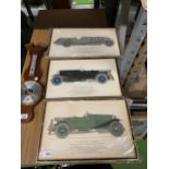 THREE FRAMED PRINTS OF VINTAGE CARS - 1926 BENTLEY 3 LITRE', 1927/28 VAUXHALL 30/98' AND '1928