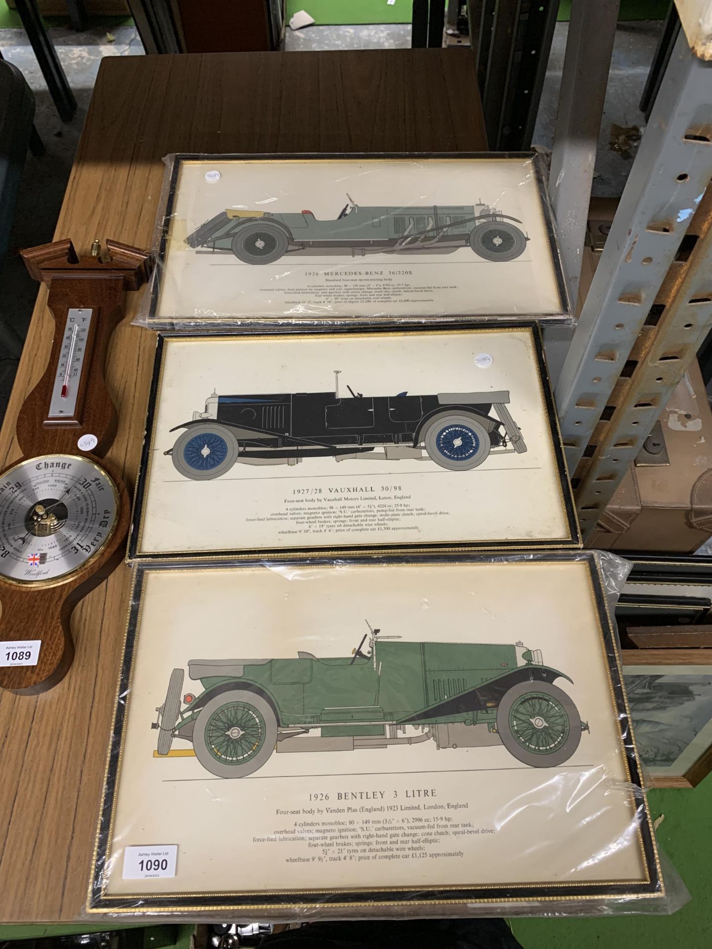 THREE FRAMED PRINTS OF VINTAGE CARS - 1926 BENTLEY 3 LITRE', 1927/28 VAUXHALL 30/98' AND '1928