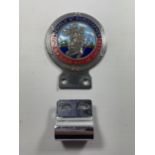 A VINTAGE ENAMEL BEHOLD ST CHRISTOPHER AND GO YOUR WAY IN SAFETY BUMPER BADGE WITH CLIP