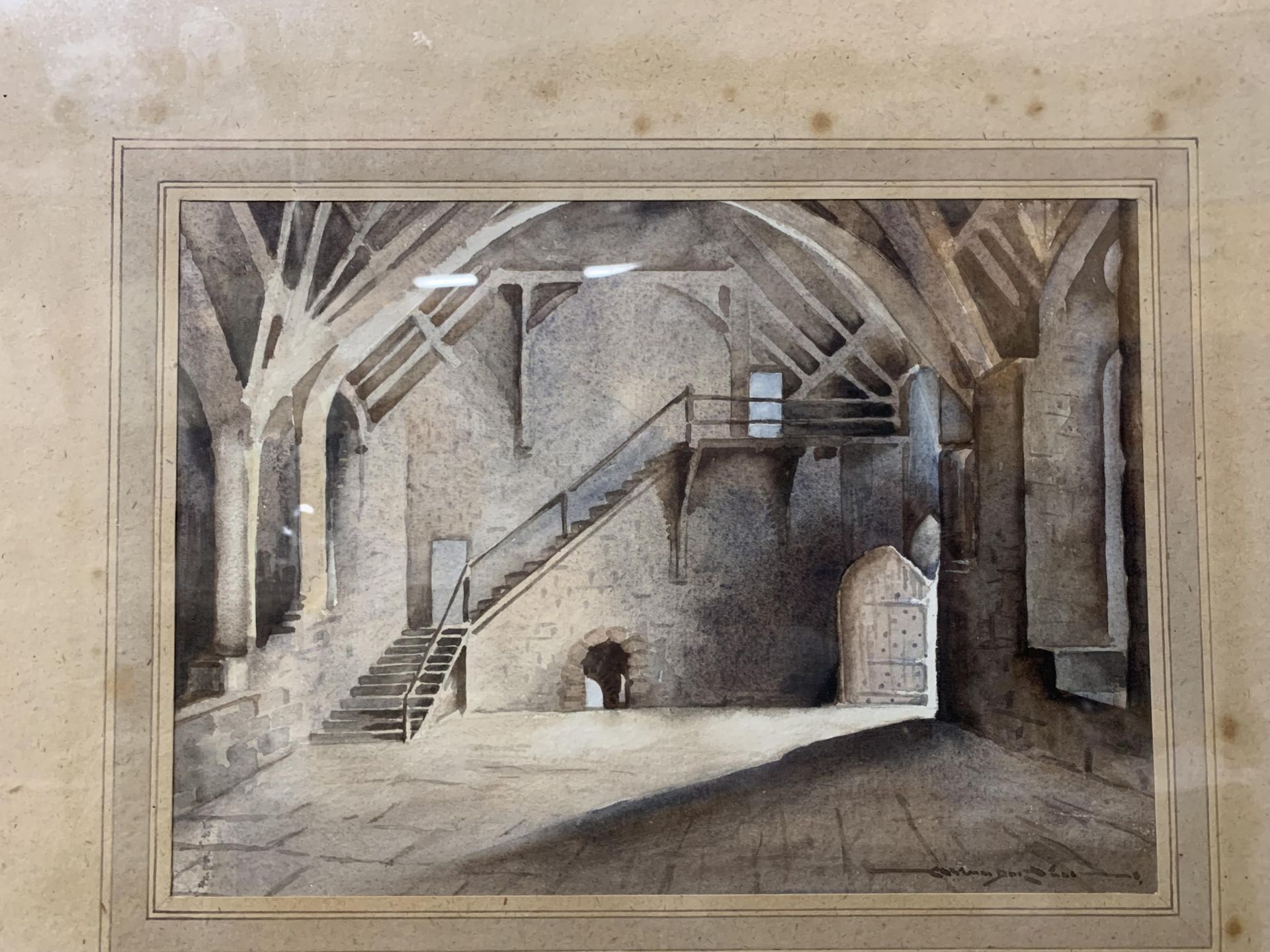 A FRAMED PRINT OF A MEDIEVAL HALLWAY - Image 2 of 3