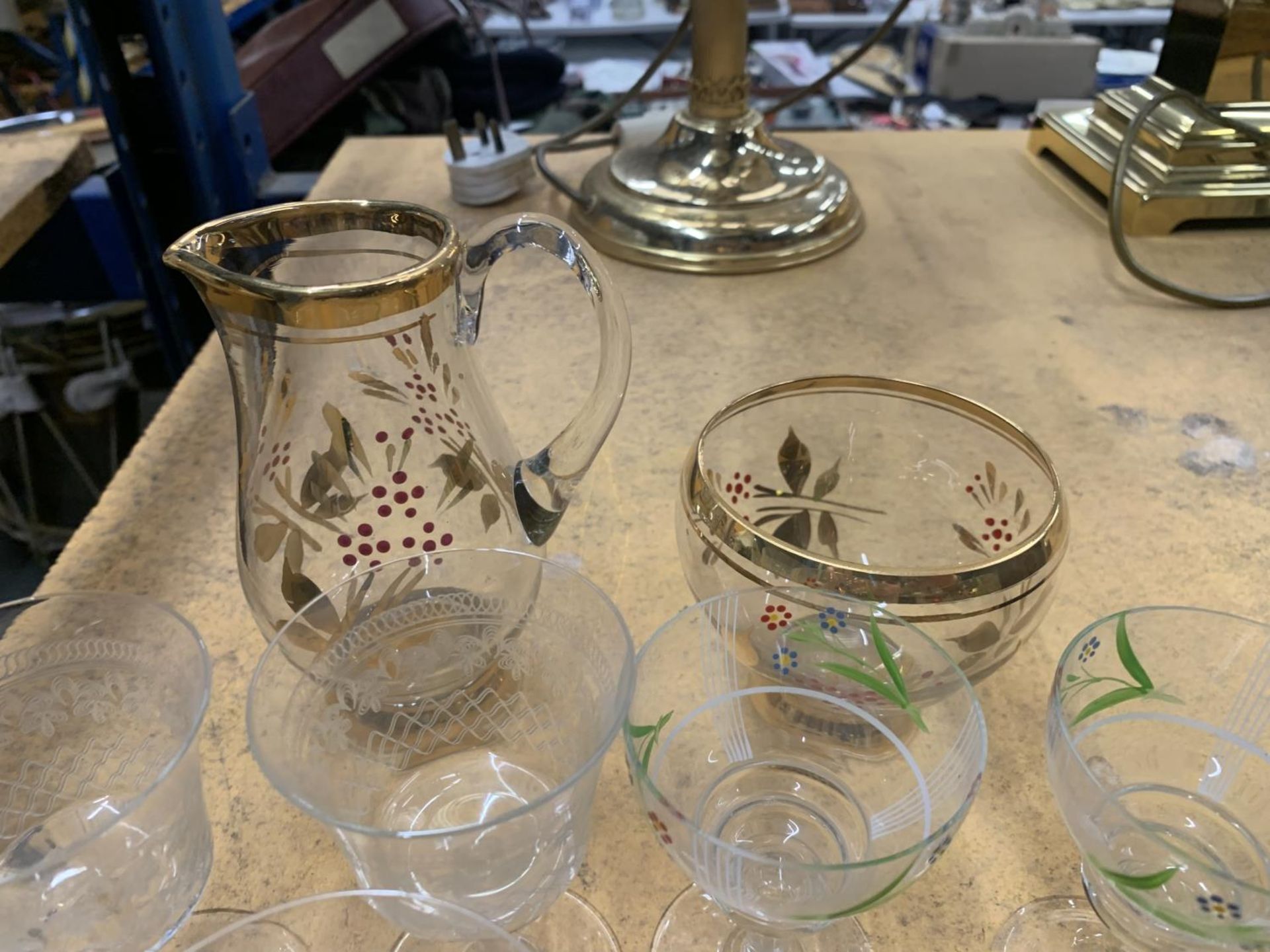 A QUANTITY OF ETCHED AND FLORAL GLASSES PLUS A JUG AND BOWL - Image 2 of 2