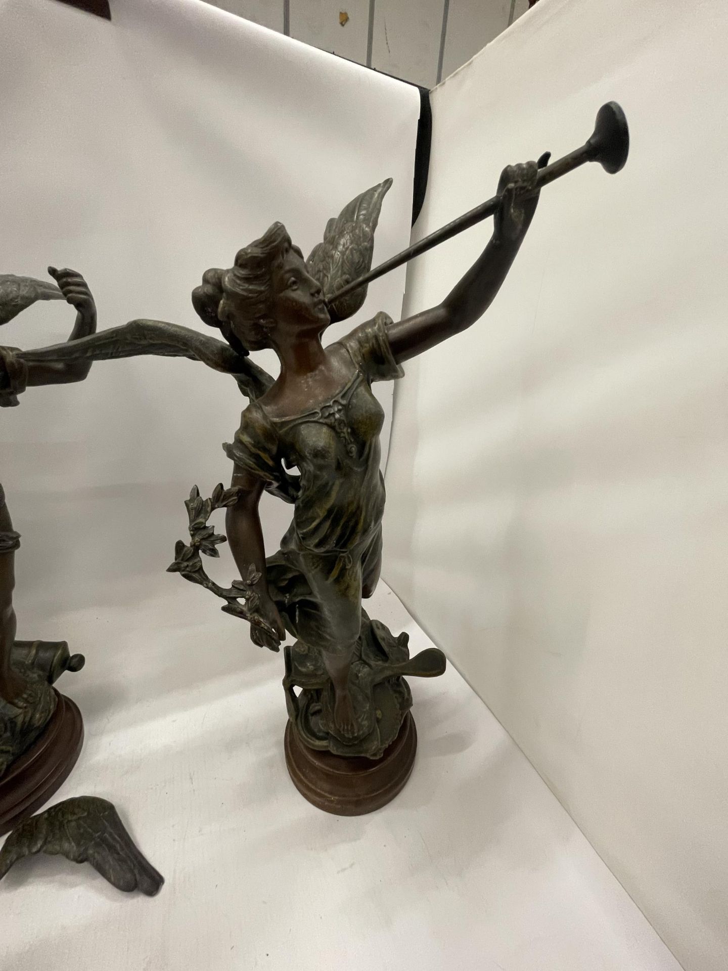 A PAIR OF VINGTAGE SPELTER CHERUB FIGURES, SIGNED (ONE WING A/F) - Image 2 of 6