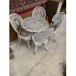 A WHITE VINTAGE CAST ALLOY BISTRO SET COMPRISING OF A ROUND TABLE AND FOUR CHAIRS