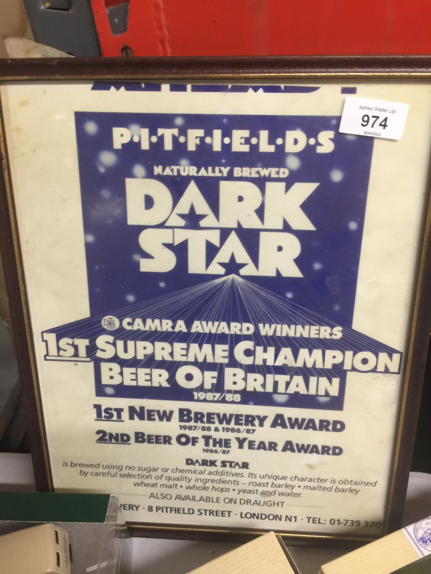 A PITFIELD BREWERY 'DARK STAR' BEER ADVERTISING POSTER IN A FRAME