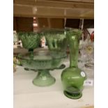 FOUR PIECES OF VICTORIAN GREEN GLASS TO INCLUDE BOWLS AND VASES, ALL WITH PONTIL MARKS