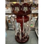 A VICTORIAN CRANBERRY GLASS VASE WITH HANDPAINTED FLORAL DECORATION AND CRYSTAL DROPLETS HEIGHT 36CM