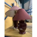 TWO BURGUNDY CERAMIC TABLE LAMPS WITH SHADES