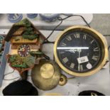 A VINTAGE HEAVY BRASS WALL CLOCK BY GIBSON PLUS A CUCKOO CLOCK IN NEED OF REPAIR