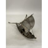 A VINTAGE MIDDLE EASTERN, POSSIBLY SILVER, CARGO BOAT MODEL, LENGTH 22CM, WEIGHT 353G
