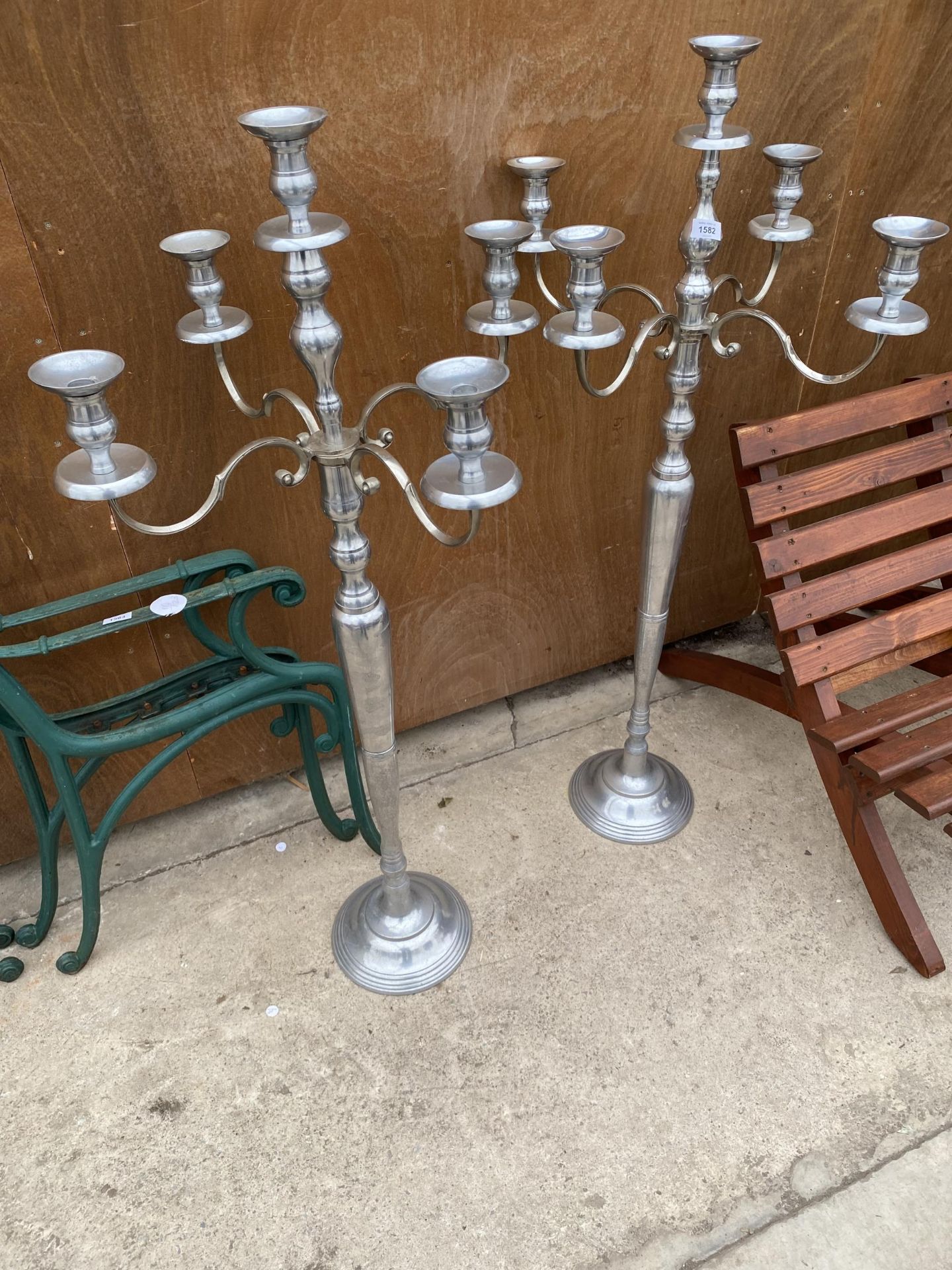 A PAIR OF LARGE DECORATIVE METAL FOUR BRANCH CANDLE HOLDERS (H:122CM)