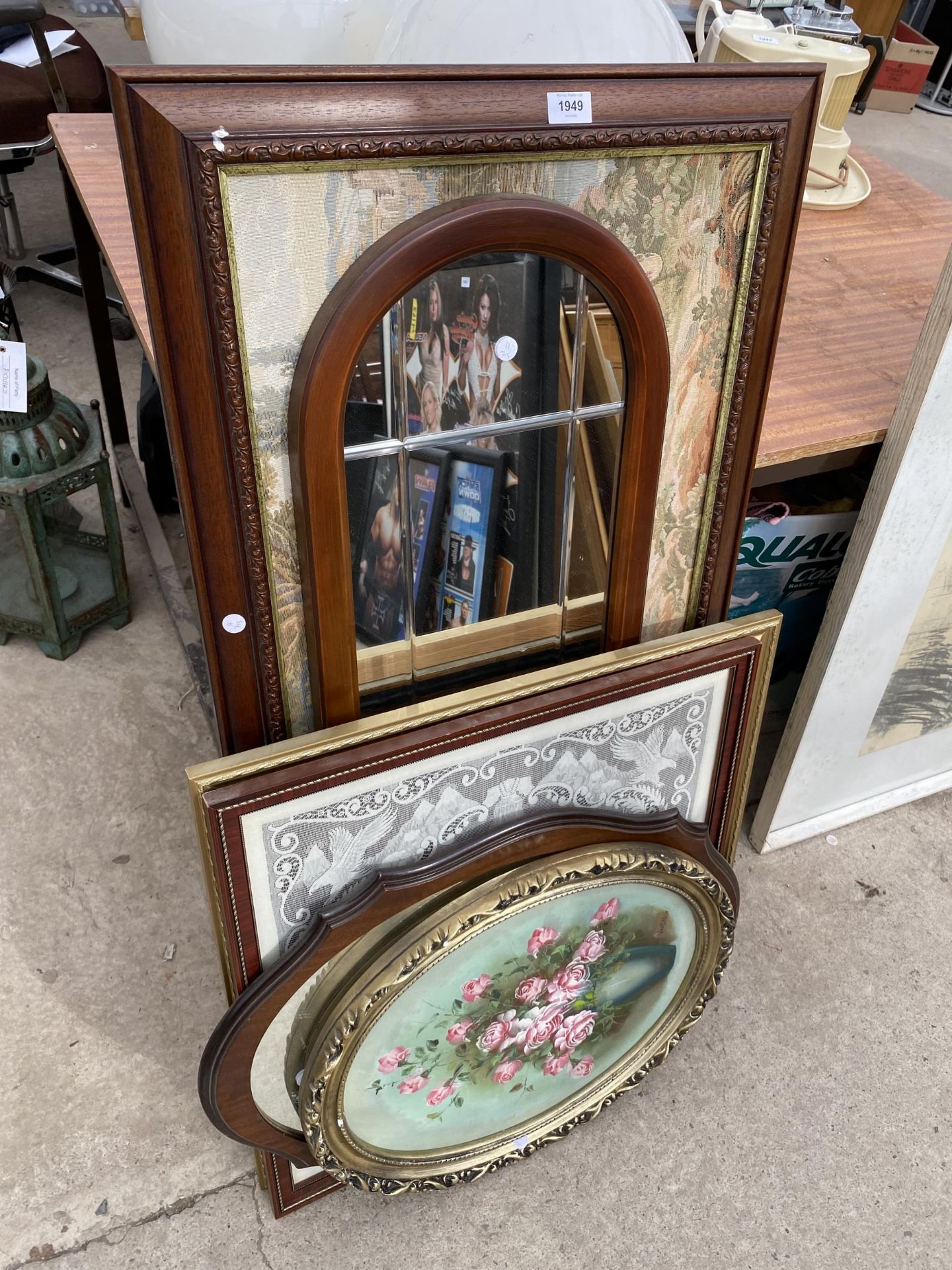 AN ASSORTMENT OF FRAMED PRINTS AND MIRRORS ETC