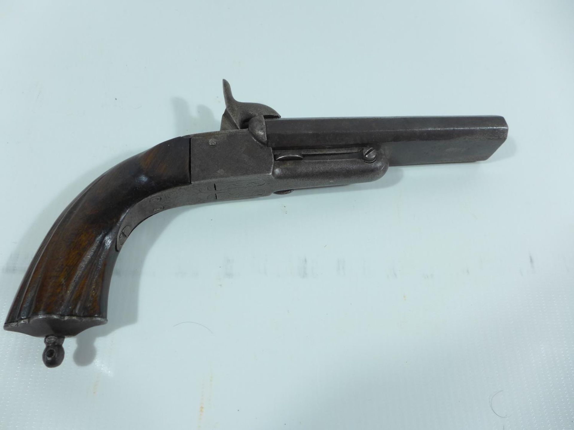 A .44 CALIBRE DOUBLE BARRELED PINFIRE PISTOL, 11.5CM BARRELS, LENGTH 22CM - Image 2 of 5